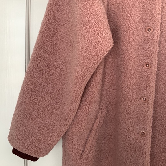 The GREAT. Sherpa knee length Bomber Jacket Dusty Rose - Picture 4 of 5